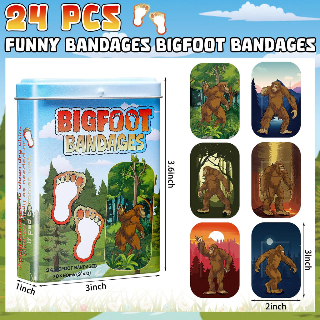 Nuanchu 24 Pcs Bigfoot Bandages Sasquatch Gifts 6 Patterns Christmas Funny Bigfoot Gifts Waterproof Large Bandages for Adults We