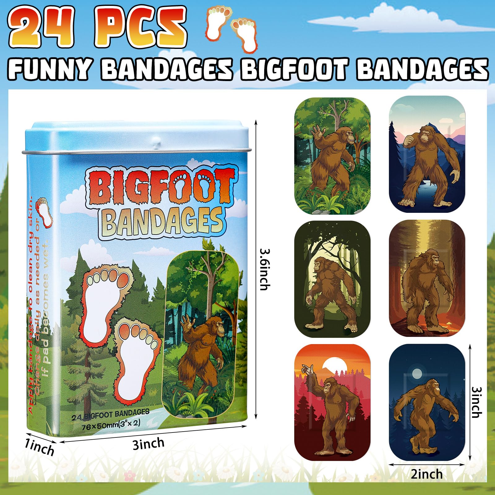 Nuanchu 24 Pcs Bigfoot Bandages Sasquatch Gifts 6 Patterns Christmas Funny Bigfoot Gifts Waterproof Large Bandages for Adults We