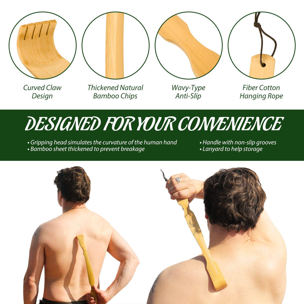 Renook Wooden Bamboo Back Scratcher, 17 Natural Handmade Back Scratchers for Men and Women, New Upgraded Long Handle Back Massag