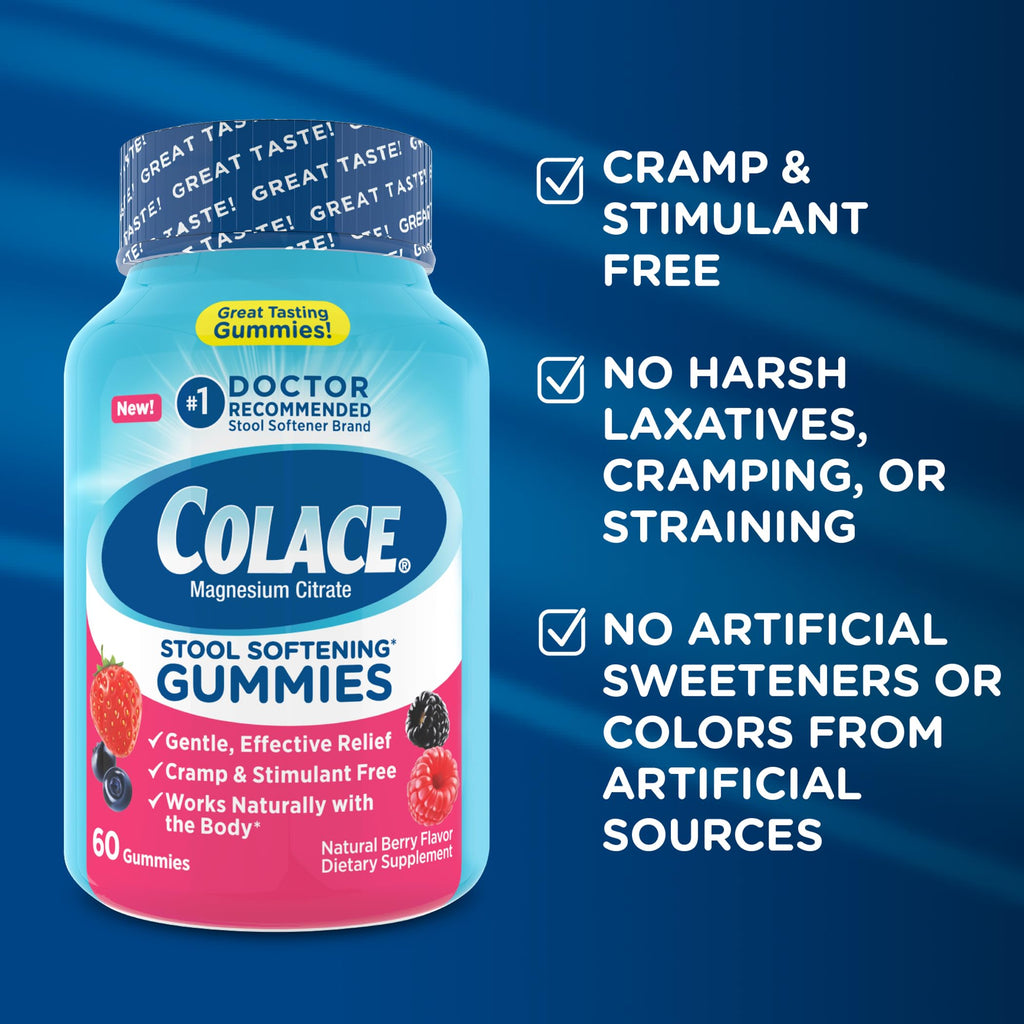 Colace Stool Softener Gummies, Gentle Dependable Constipation Relief Magnesium Citrate Gummies, No.1 Doctor Recommended Stool So