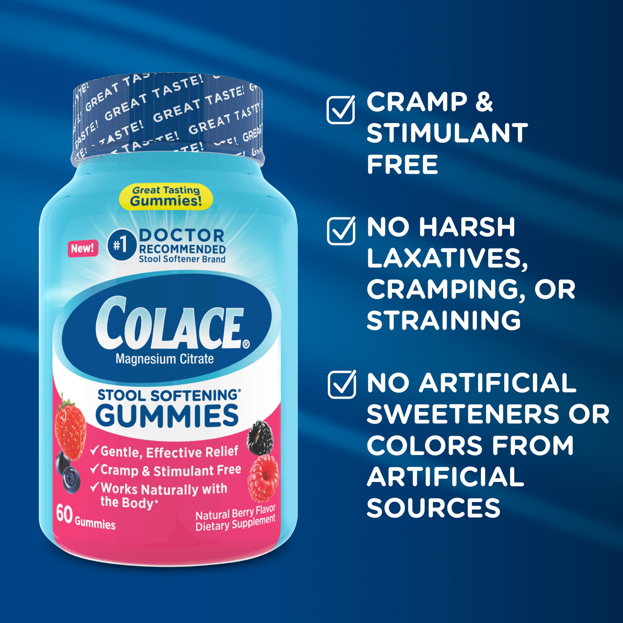Colace Stool Softener Gummies, Gentle Dependable Constipation Relief Magnesium Citrate Gummies, No.1 Doctor Recommended Stool So