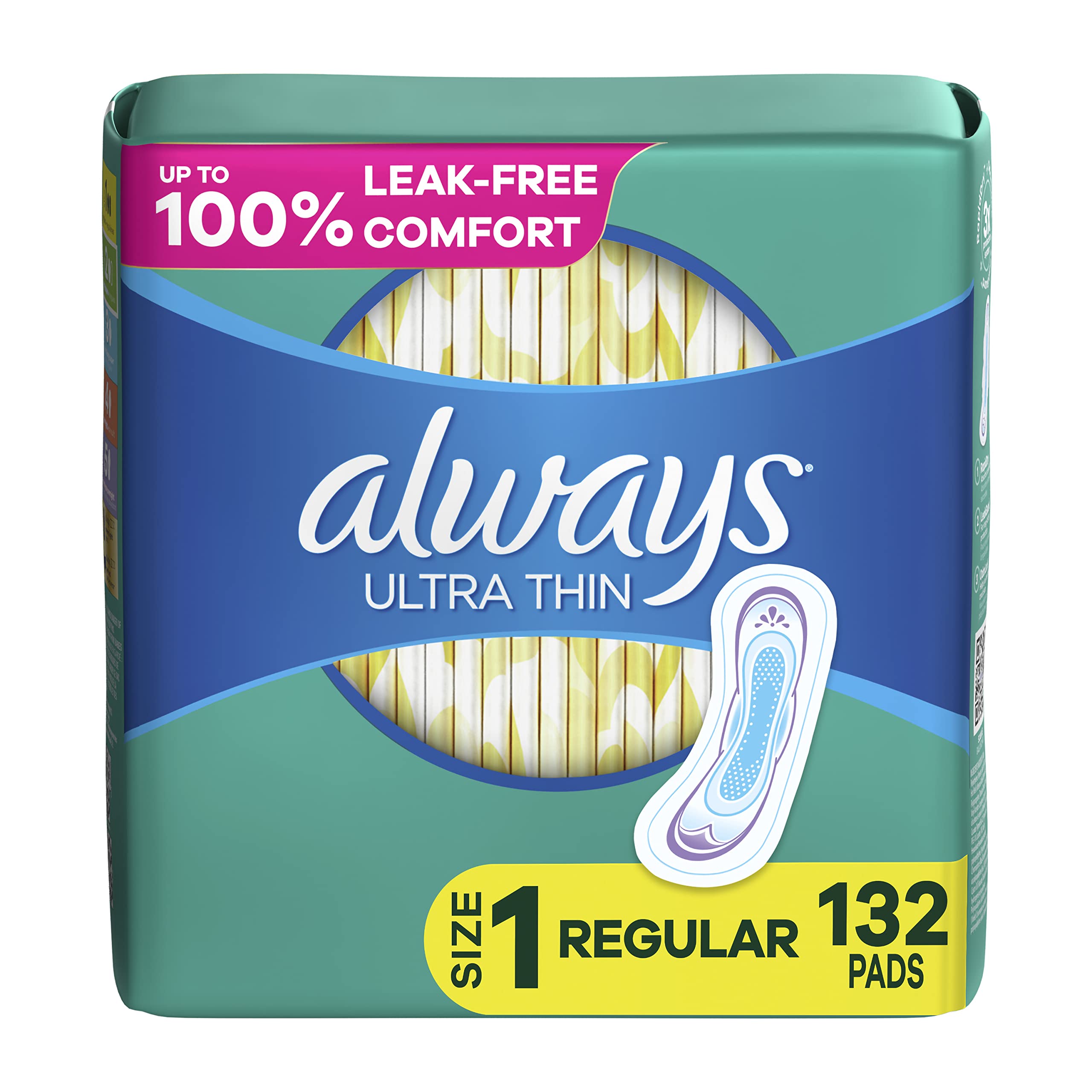 Always Ultra Thin Pads for Women, Size 1 Regular Absorbency Without Wings Unscented, 44 Count x 3 Packs (132 Count total)