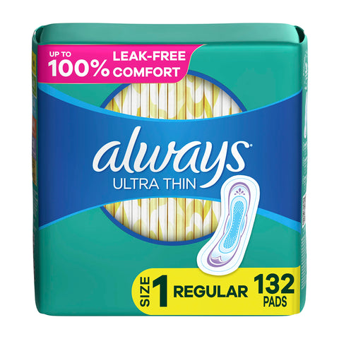 Always Ultra Thin Pads for Women, Size 1 Regular Absorbency Without Wings Unscented, 44 Count x 3 Packs (132 Count total)