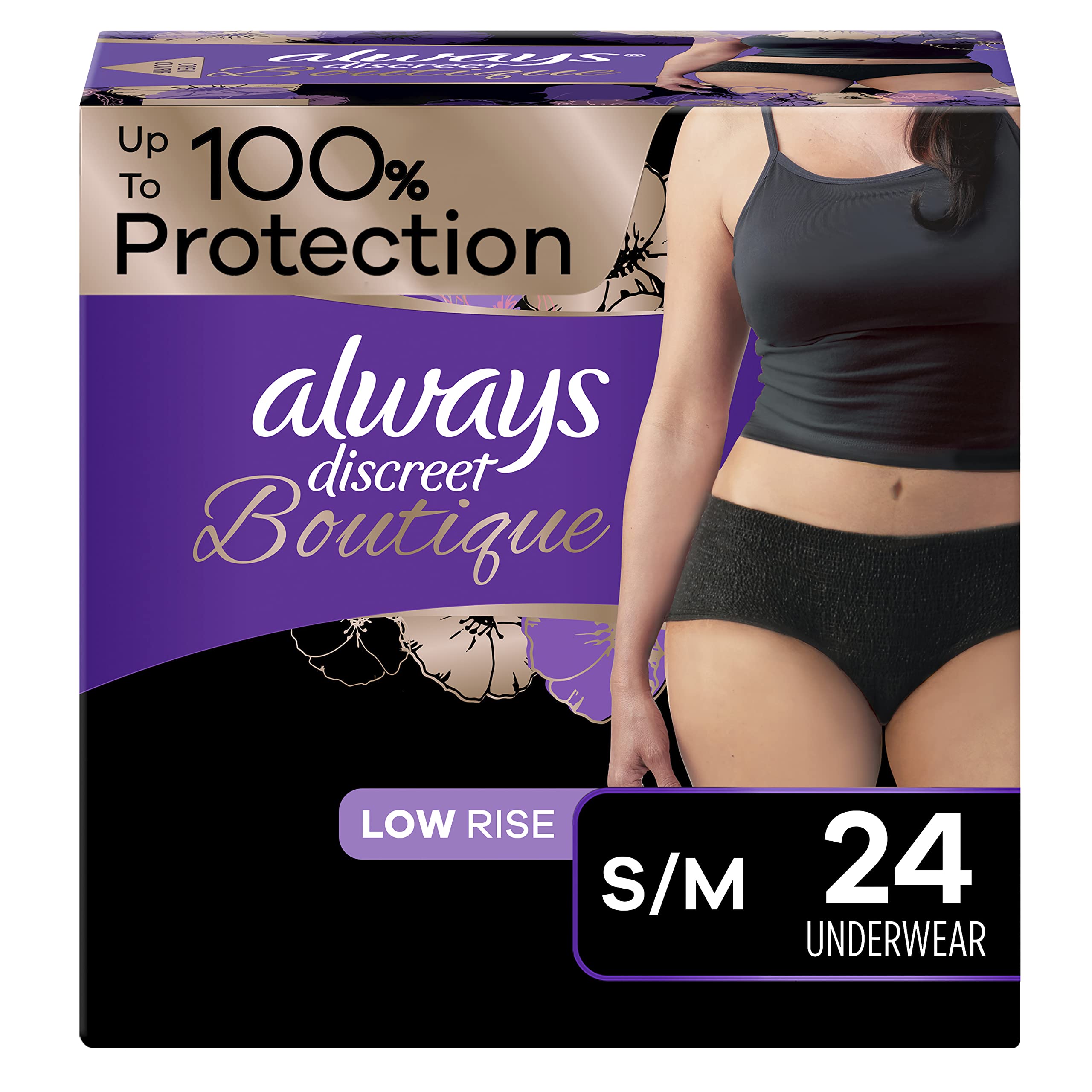 Always Discreet Boutique Adult Incontinence & Postpartum Underwear for Women, Low-Rise, Size Small/Medium, Black, Maximum Absorb