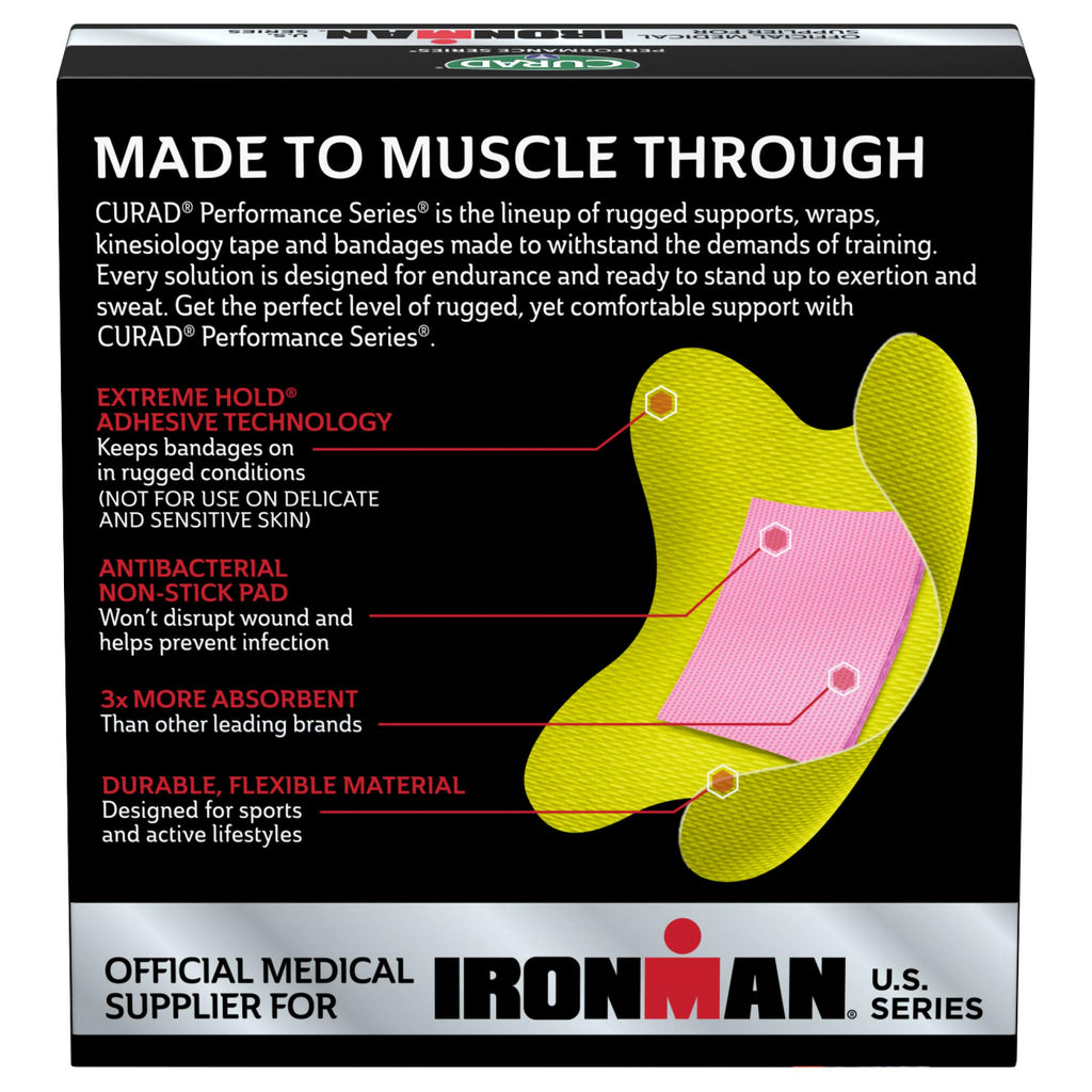 CURAD Performance Series IRONMAN Antibacterial Bandages, Extreme Hold Adhesive Technology, Knee & Elbow 3 inches x 3 inches, 10