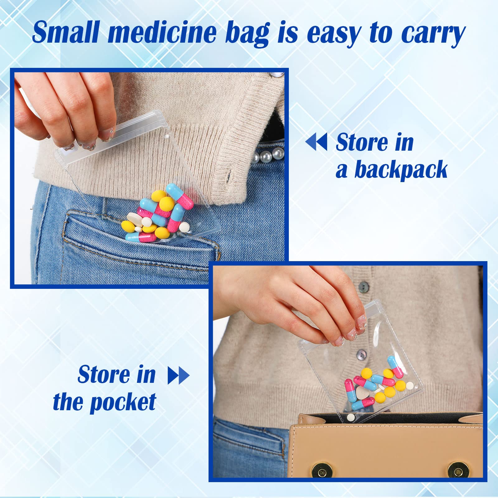 Zonon Pill Pouch Bags Zippered Reusable Pill Baggies Clear Plastic Bags Self Sealing Travel Medicine Organizer Storage with Slid