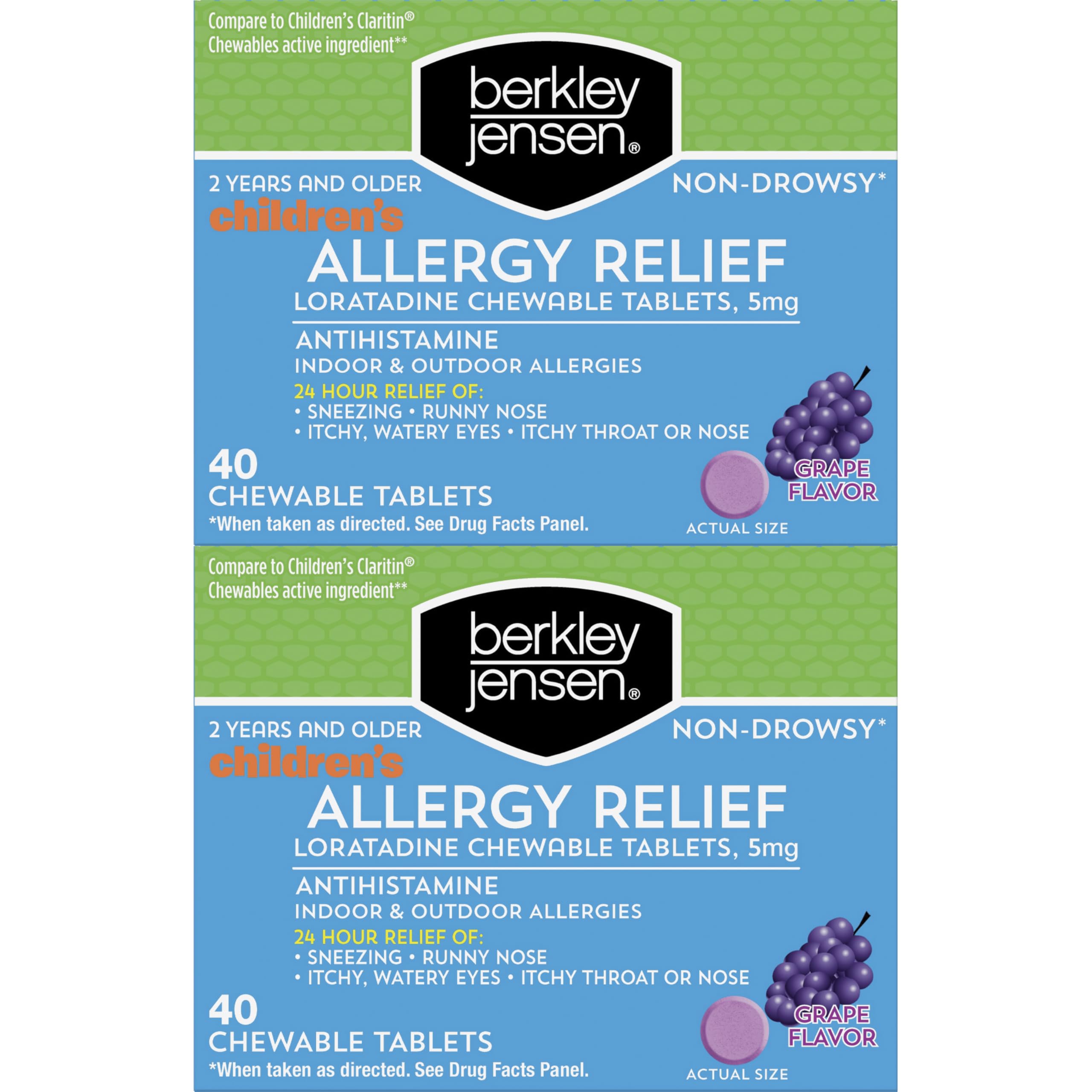 Berkley Jensen Allergy Relief Childrens Chewables Loratadine, Non Drowsy 24 Hour Kids Allergy Medicine, 80 Grape Antihistamine
