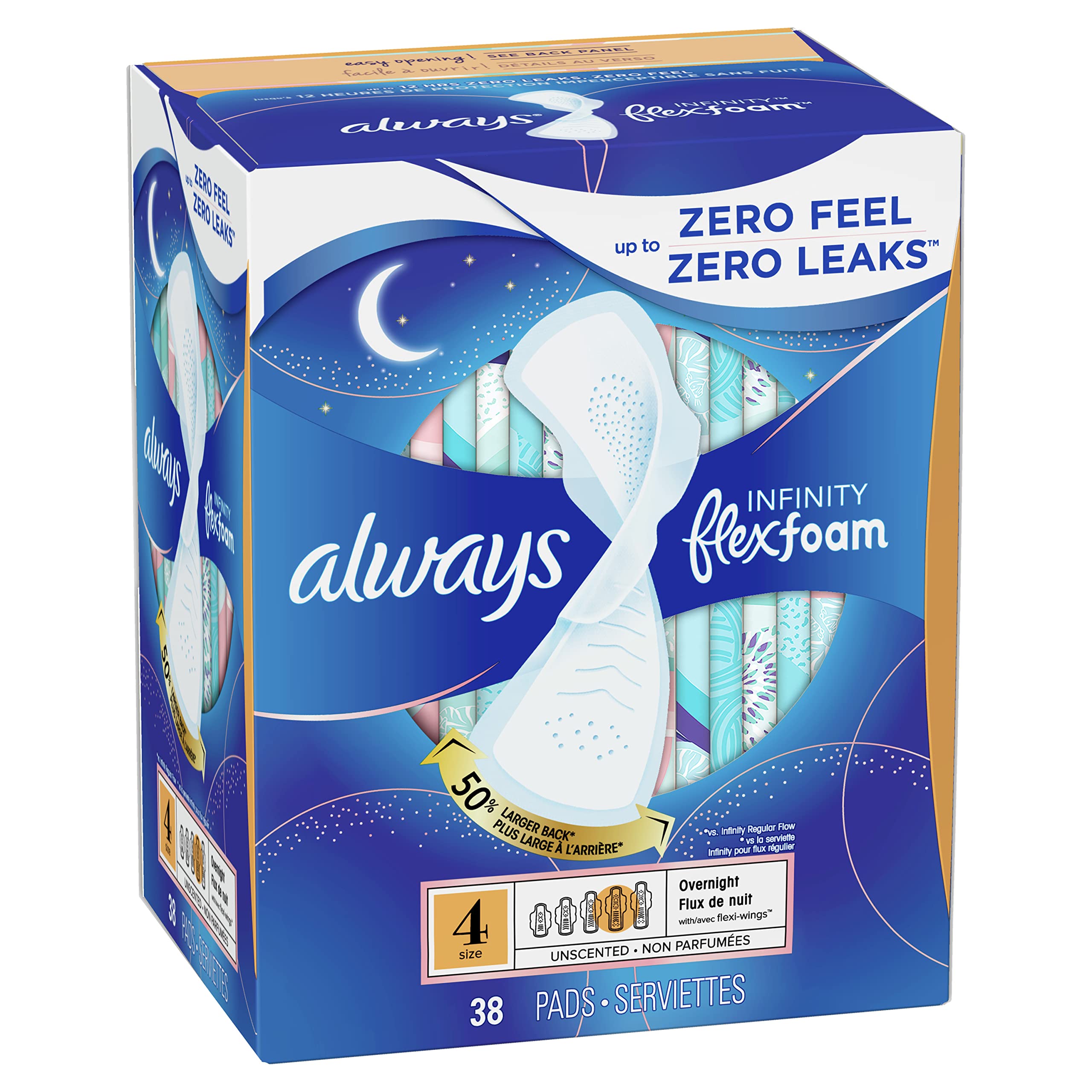 Always Infinity Feminine Pads for Women, Size 4 Overnight, with wings, unscented, 38 Count
