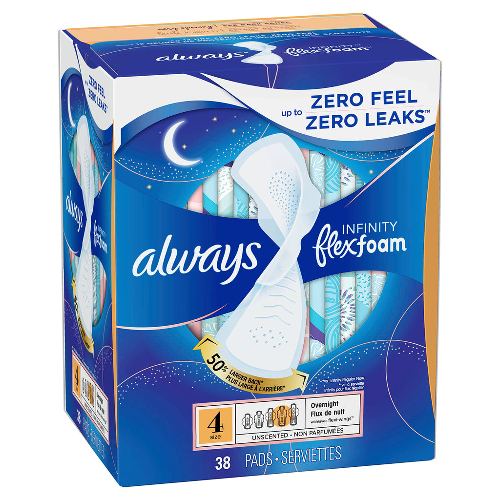 Always Infinity Feminine Pads for Women, Size 4 Overnight, with wings, unscented, 38 Count