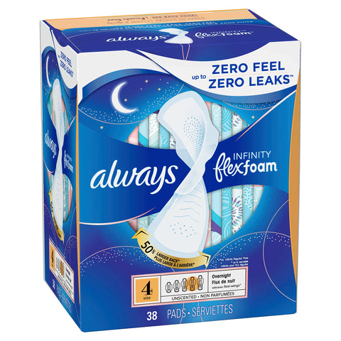 Always Infinity Feminine Pads for Women, Size 4 Overnight, with wings, unscented, 38 Count