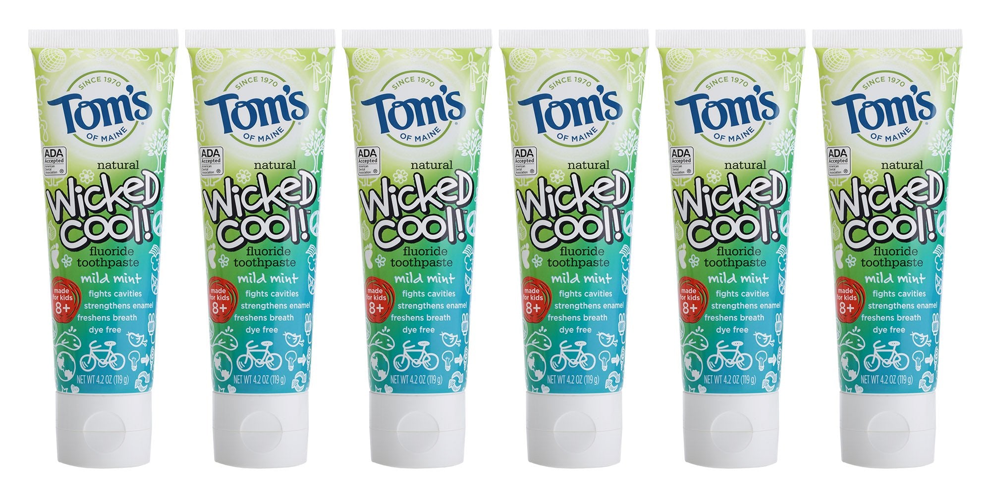 Toms of Maine Natural Wicked Cool Fluoride Toothpaste, Mild Mint, 4.2 Ounce (Pack of 6)