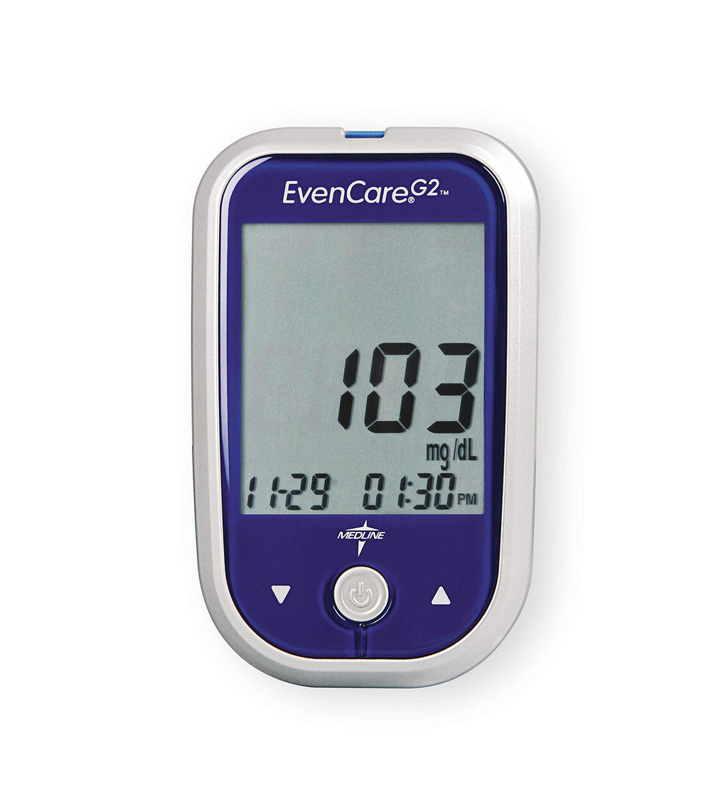 Medline EvenCare G2 Blood Glucose Monitoring Meter, Self-Testing Diabetic Care, 6 Sec Results, Batteries, Guide, Carrying Case,