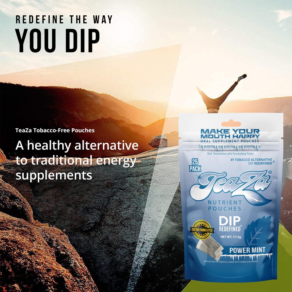 TeaZa Energy - Tobacco-Free Pouches Nicotine-Free Dip, Smokeless Alternative Snuff Healthy Chewing Dipping Alternative, Power Mi