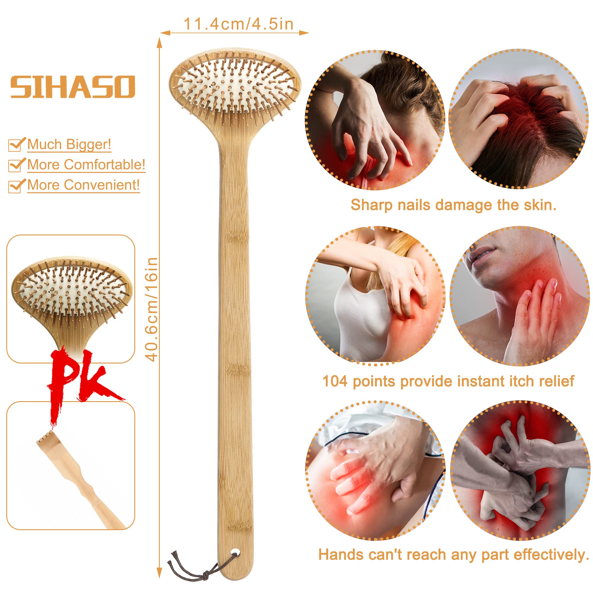 SIHASO Bamboo Oversize Curved Back Scratcher - Large 104 Wooden Points Provide Instant Itch Relief, Curved Handle & Air Cushion,