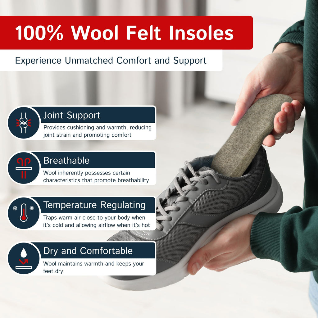 The Felt Store Wool Felt Insoles for Men and Women - 13mm Thick Long-Lasting Breathable Shoe Inserts with Cushioning - Wool Inso