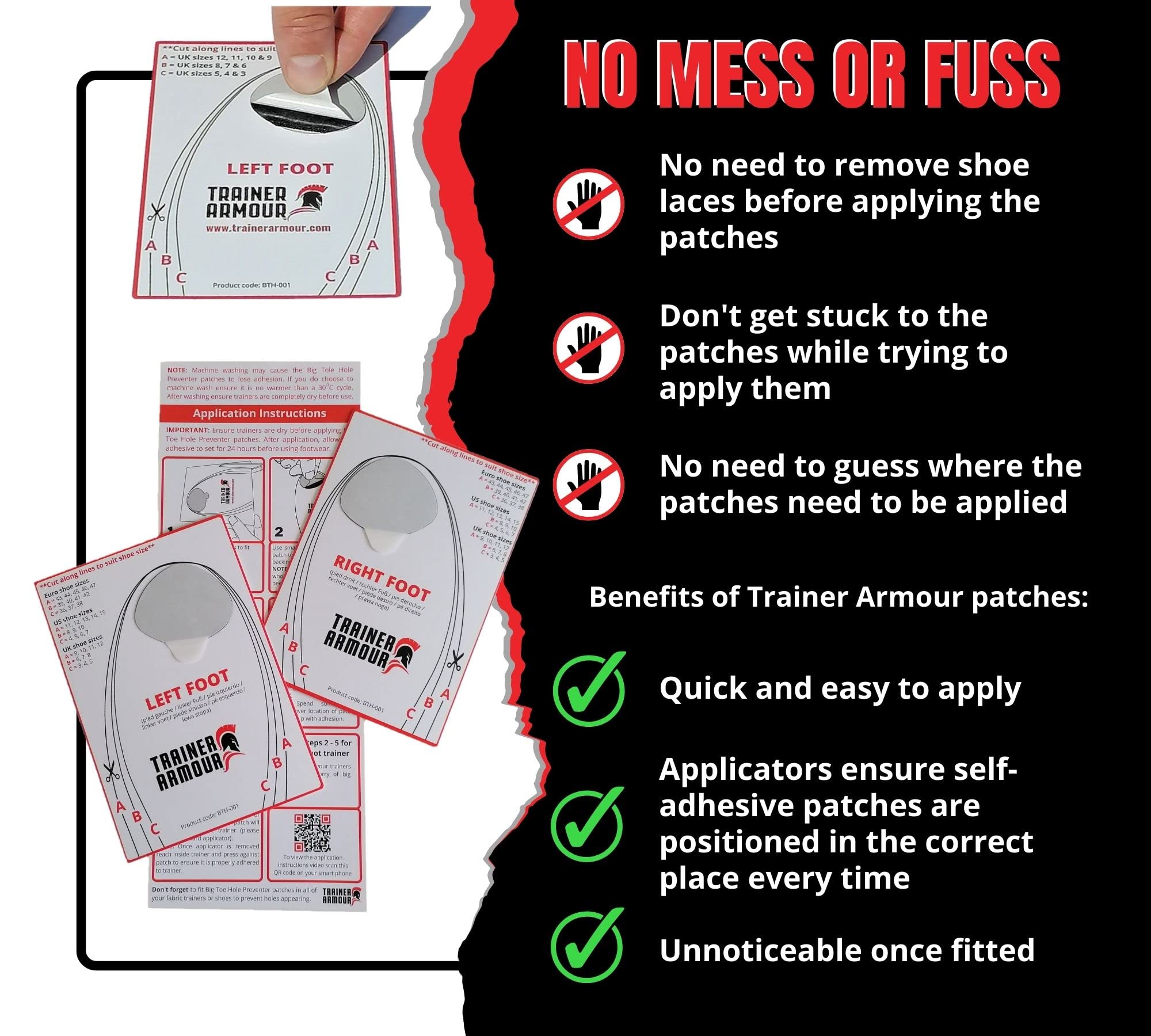 Trainer Armour - Big Toe Hole Preventer, self-Adhesive Patches with a Clever applicator. Shoe Toe Burst Toe Box Blowout Preventi
