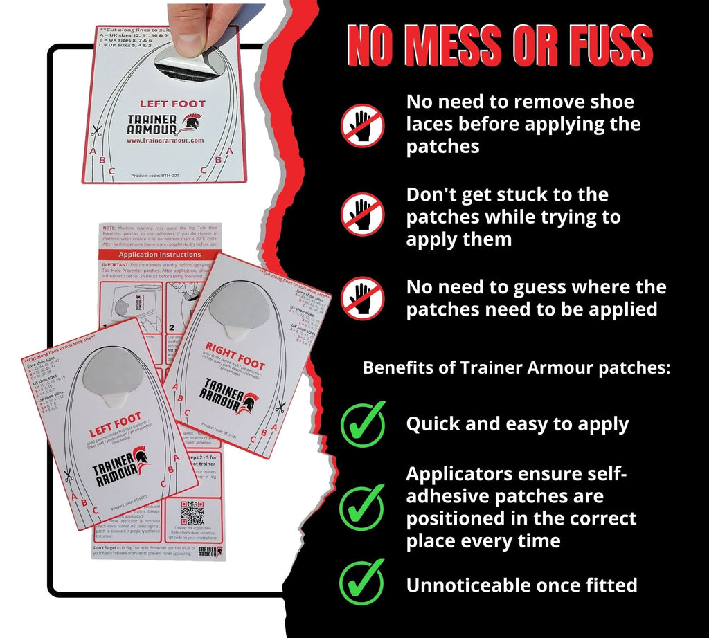 Trainer Armour - Big Toe Hole Preventer, self-Adhesive Patches with a Clever applicator. Shoe Toe Burst Toe Box Blowout Preventi