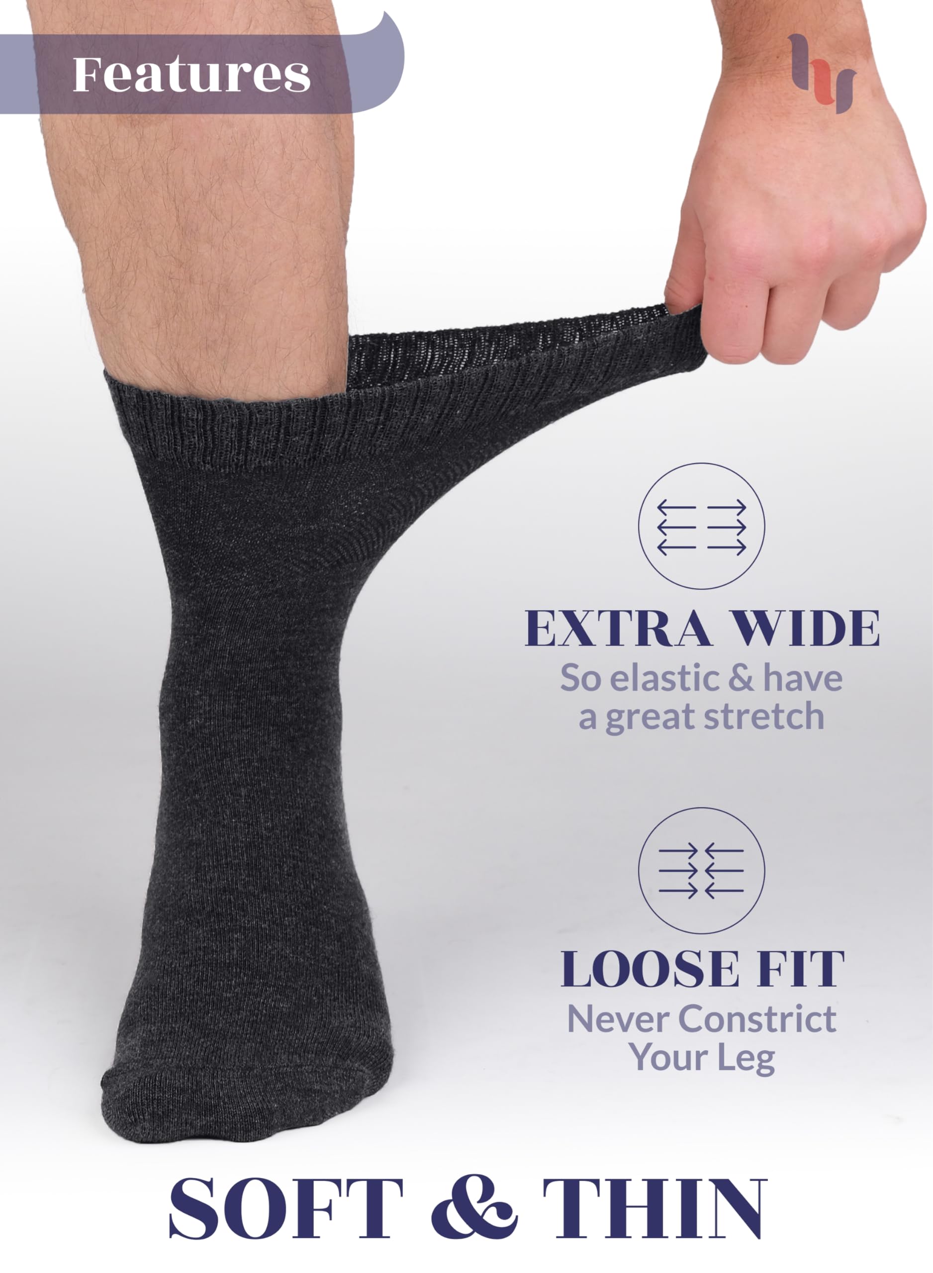 Hugh Ugoli Diabetic Socks for Men, Loose Ankle Socks Bamboo, Extra-Wide, Thin, Seamless Toe and Non-Binding Top, 4 Pairs, Charco