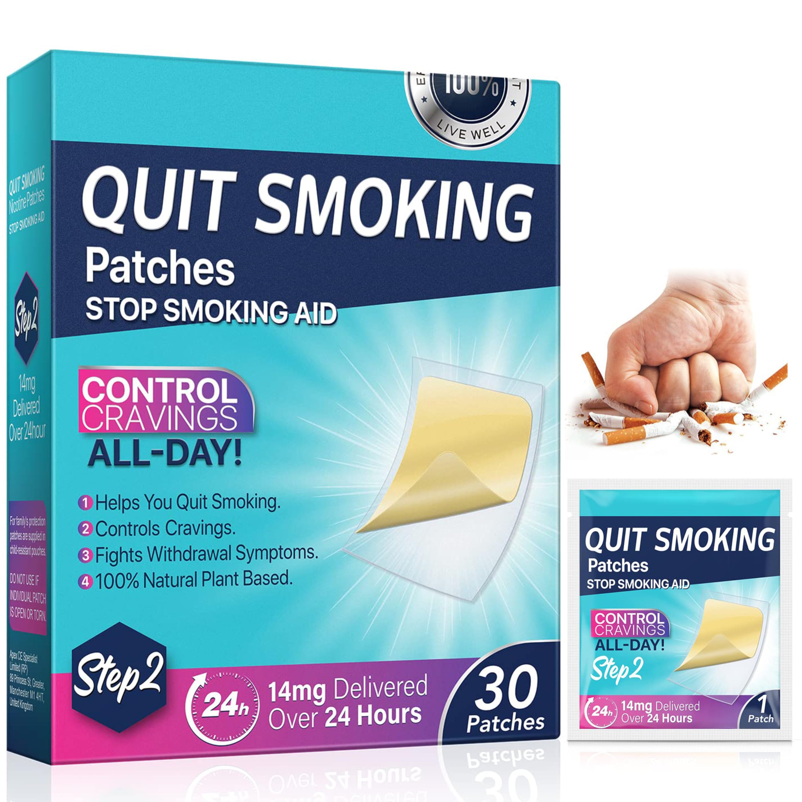 Quit Smoking Patches Step 2, 14mg Stop Smoking Aid, Transdermal System Patch, 30 Count, Quit Smoking Stickers Delivered Over 24 