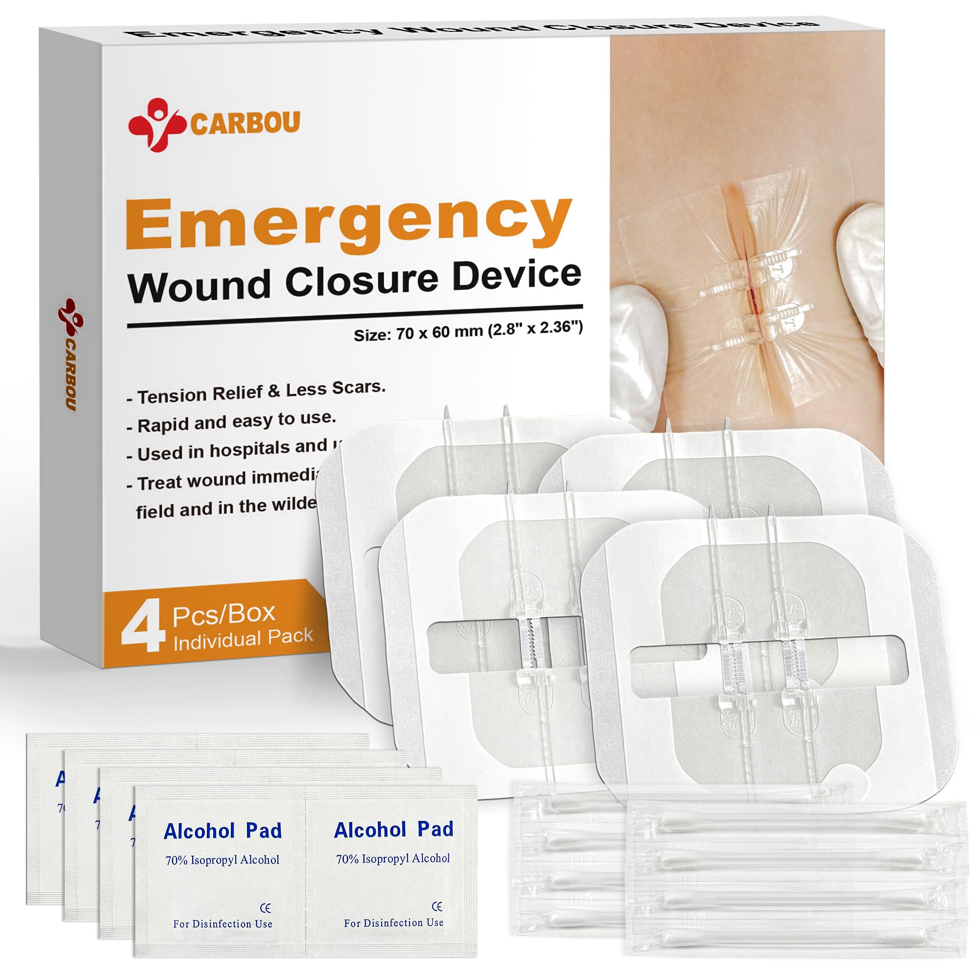 Carbou Emergency Wound Closure Strips - 4 Pcs - Zip Stitch Butterfly Bandaids - Laceration Closure Kit - Stitchless & Easy to Us