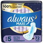 Always Maxi Overnight Pads with Wings, Size 5, Extra Heavy Overnight, Unscented, 72 Count