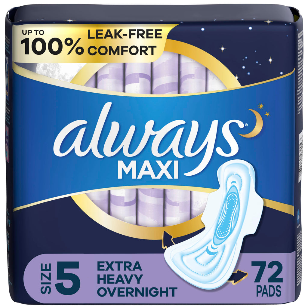 Always Maxi Overnight Pads with Wings, Size 5, Extra Heavy Overnight, Unscented, 72 Count