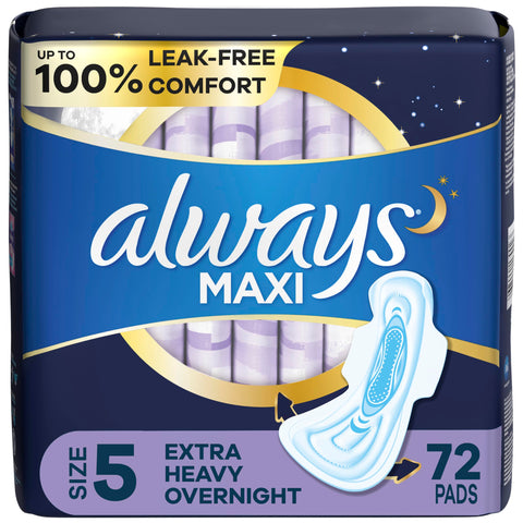 Always Maxi Overnight Pads with Wings, Size 5, Extra Heavy Overnight, Unscented, 72 Count
