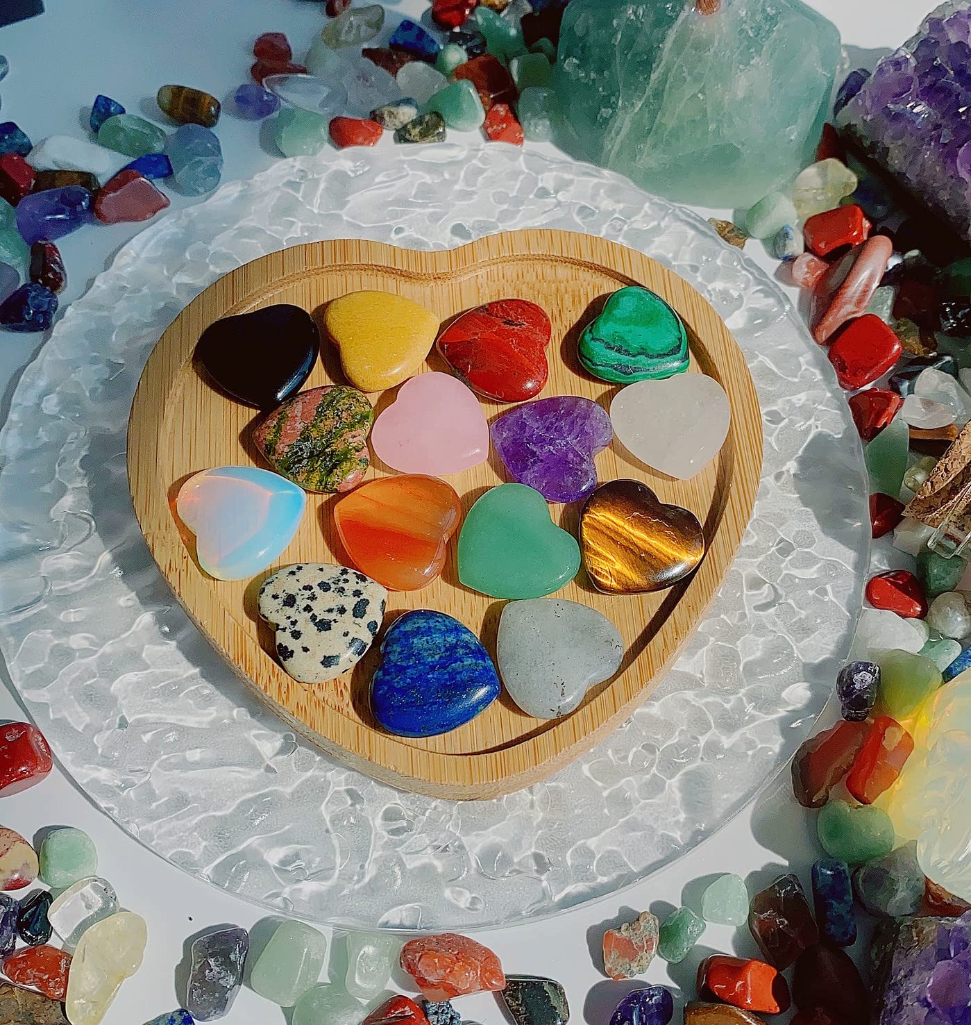 15 PCS Heart Crystals Healing Natural Pocket Stones Polished Love Shaped Palm Gemstones Rose Quartz Amethyst Assorted Set Reiki