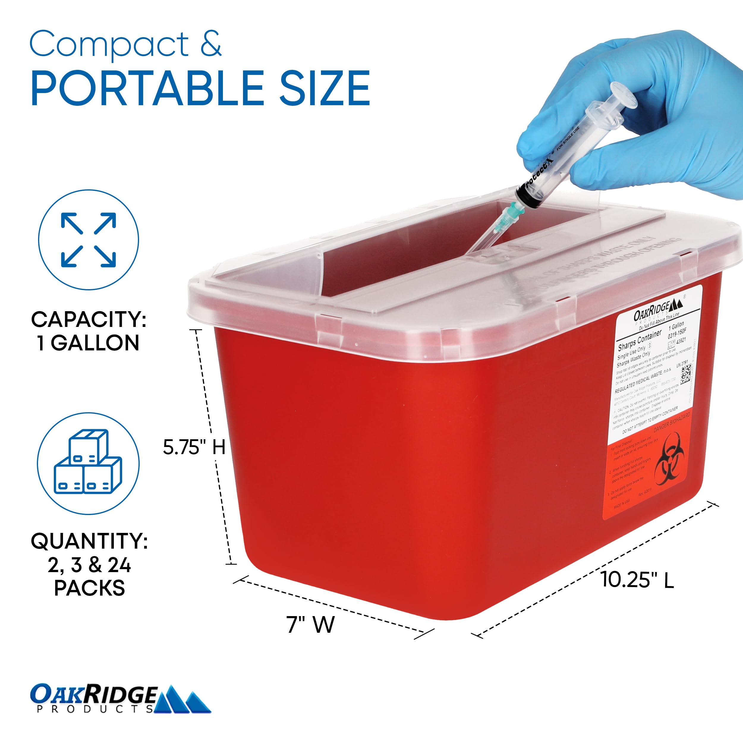 Oakridge Products Large Sharps Container for Home Use and Professional 1 Gallon (3-Pack), Biohazard Needle and Syringe Disposal,