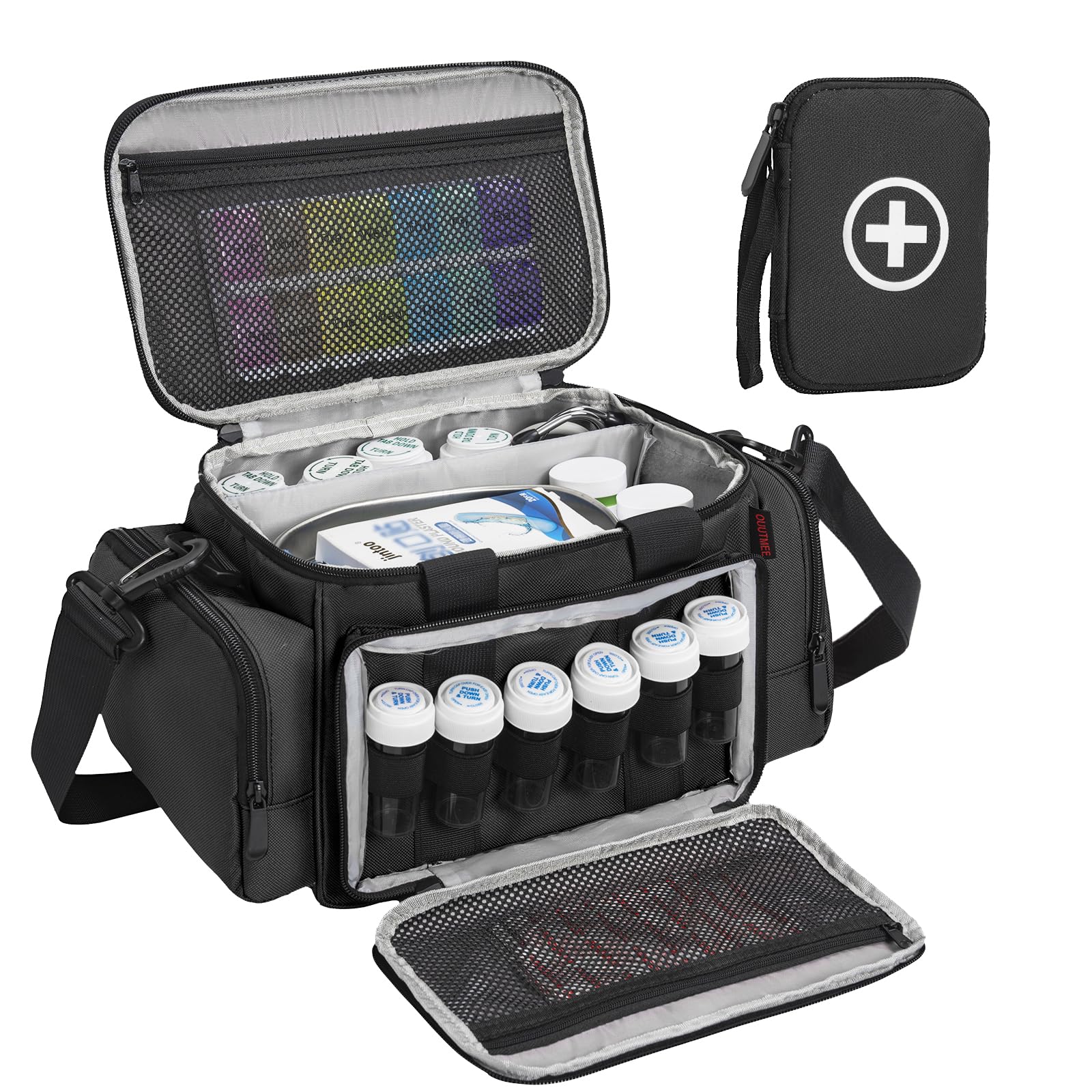 OUUTMEE Medicine Storage Bag, Pill Bottle Organizer with Portable Small Pouch, Medication Bottle Organizer Empty with Shoulder S