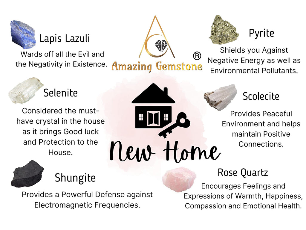 Crystals for New Home Manifestation, Set of 6 Lapis Lazuli, Selenite, Shungite, Pyrite, Scolecite and Rose Quartz Healing Crysta