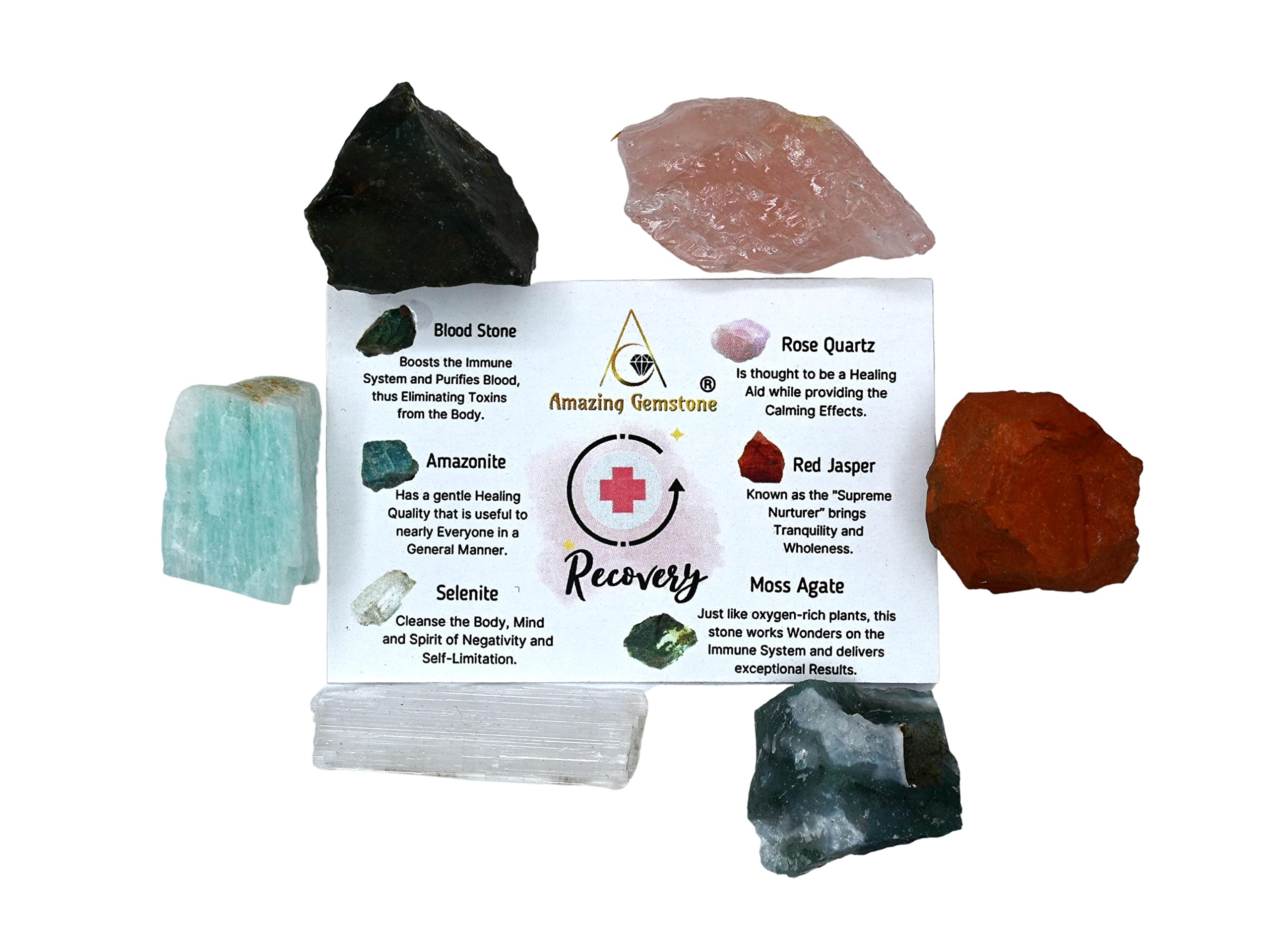 Get Well Soon Gifts for Women Recovery Manifestation Crystals, Set of 6 Blood Stone, Amazonite, Selenite, Rose Quartz, Red Jaspe