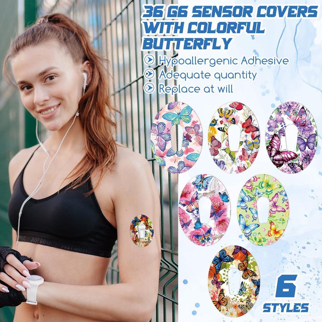 36 Pack Adhesive Patch Compatible with Dexcom G6 Breathable Colorful Butterfly CGM Patches Waterproof Butterfly Pre Cut Adhesive
