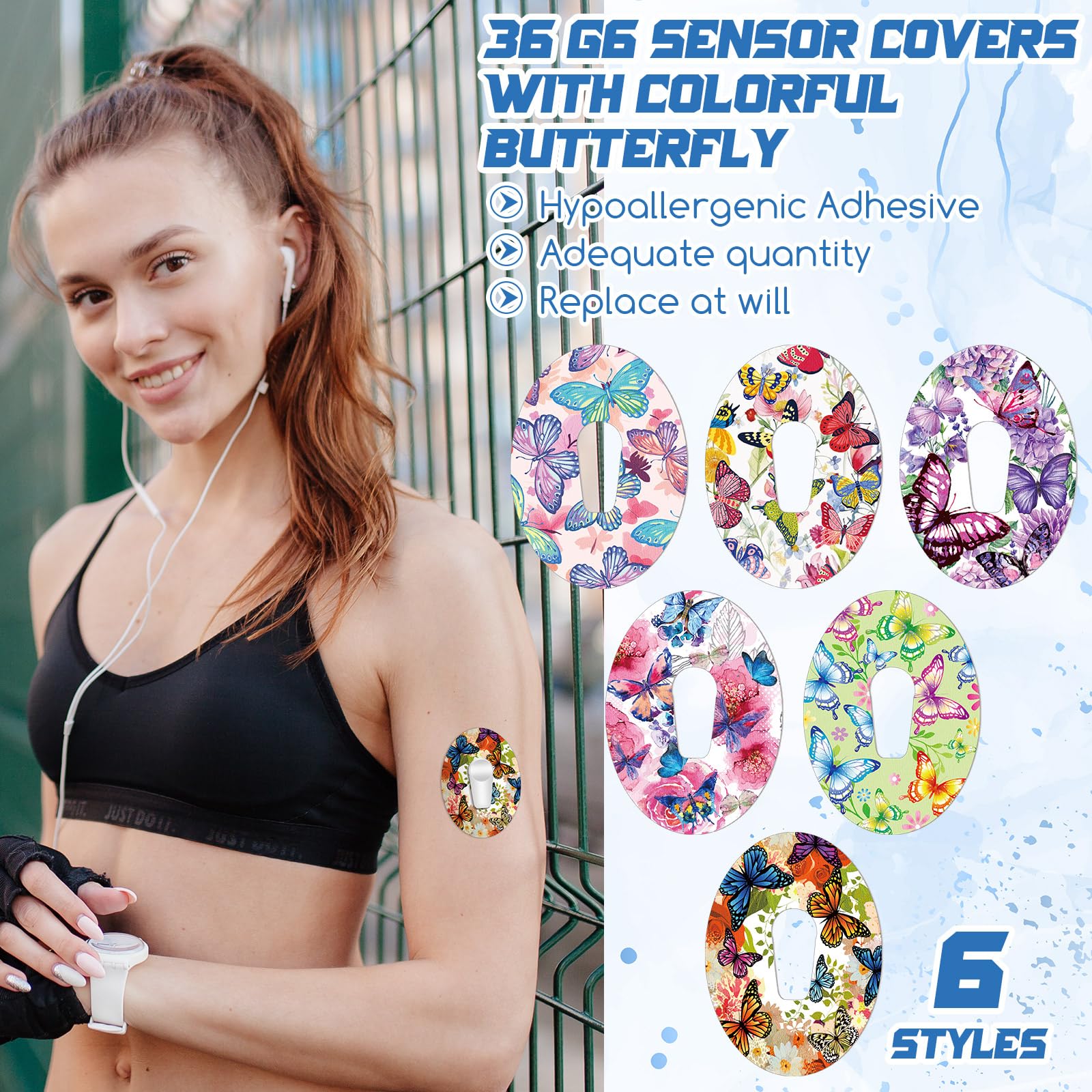 36 Pack Adhesive Patch Compatible with Dexcom G6 Breathable Colorful Butterfly CGM Patches Waterproof Butterfly Pre Cut Adhesive