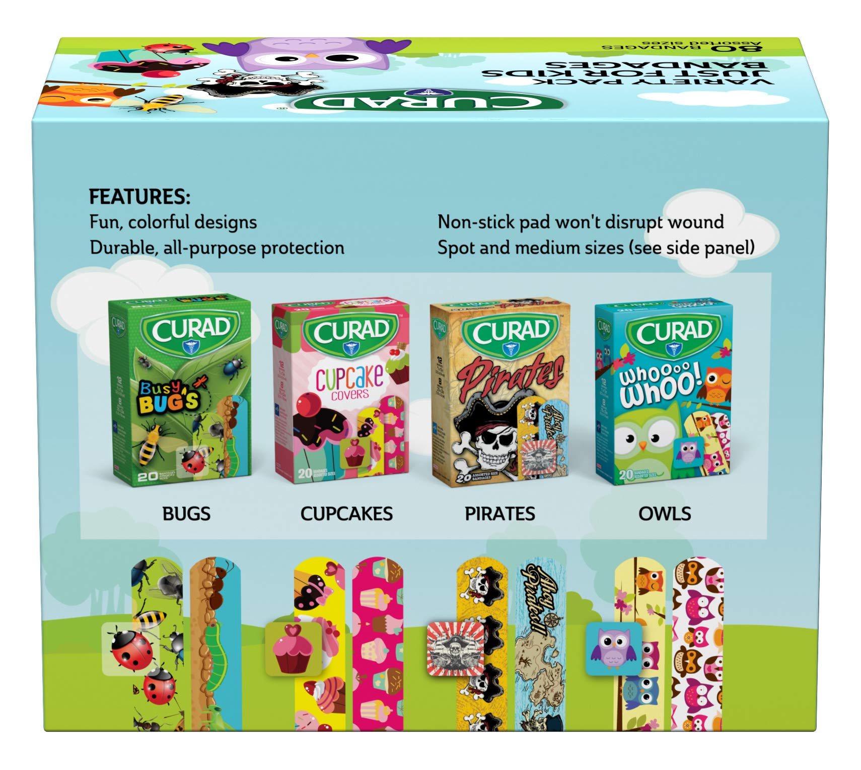 Curad Just for Kids Bandages, 4 Fun Themes, Colorful, All-Purpose Protection Plastic Bandages, 4-Sided Seal, Variety of Sizes, 8