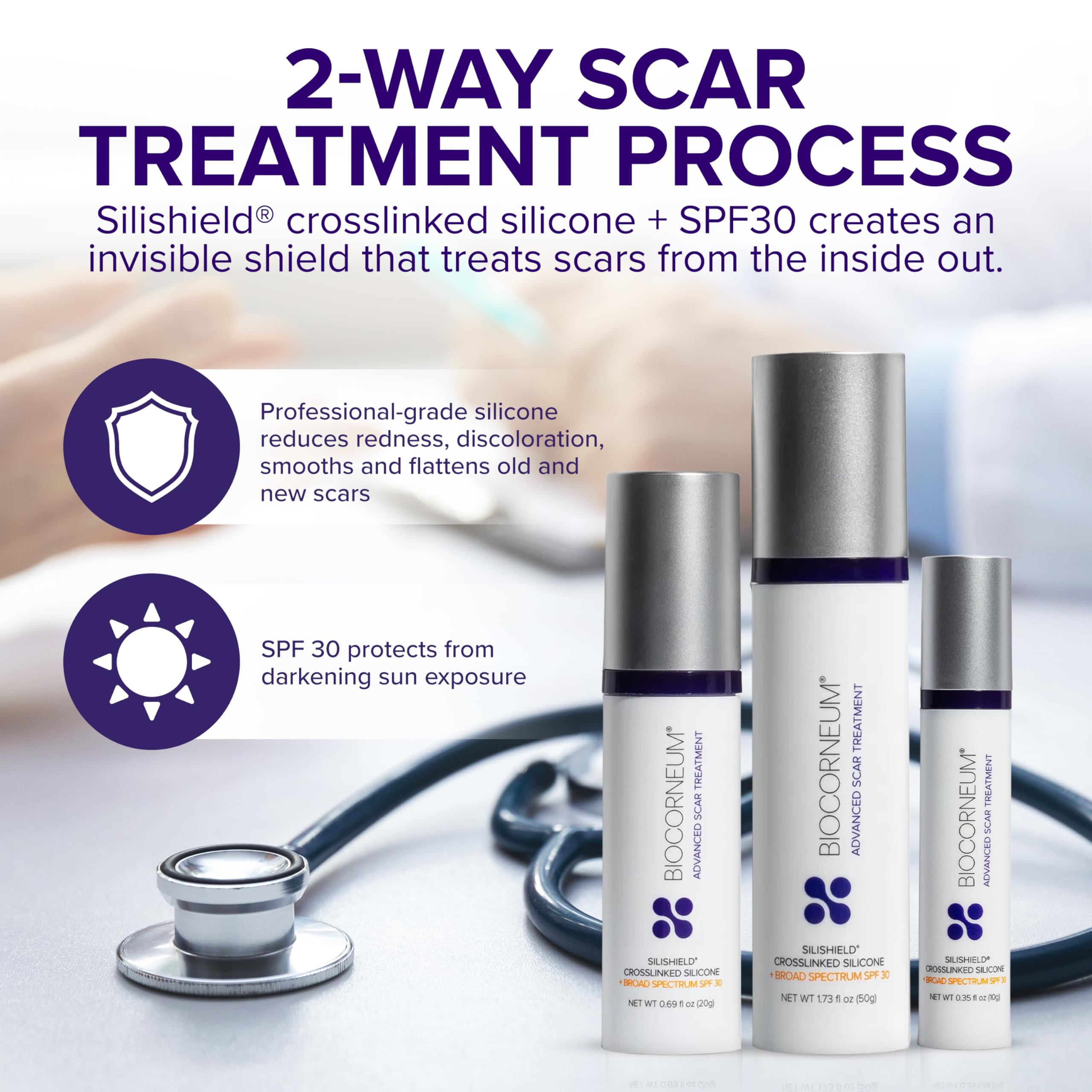 Advanced Scar Treatment with Silishield & SPF 30 50g - Made in the USA, Fast-Drying, Water-Resistant Silicone Scar Gel - Surgeon