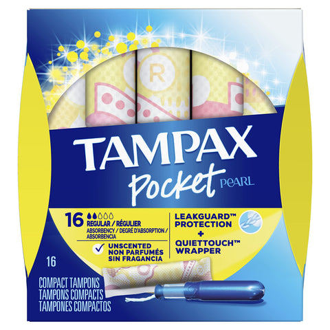 Tampax Pocket Pearl Tampons Regular Absorbency with LeakGuard Braid, Unscented, 16 Count