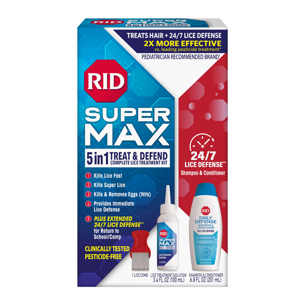 RID Super Max Lice Treatment Kit, Kills Lice & Super Lice & Eggs + 24/7 Lice Defense, Pesticide Free, 3.4 FL OZ Solution + 6.8 F