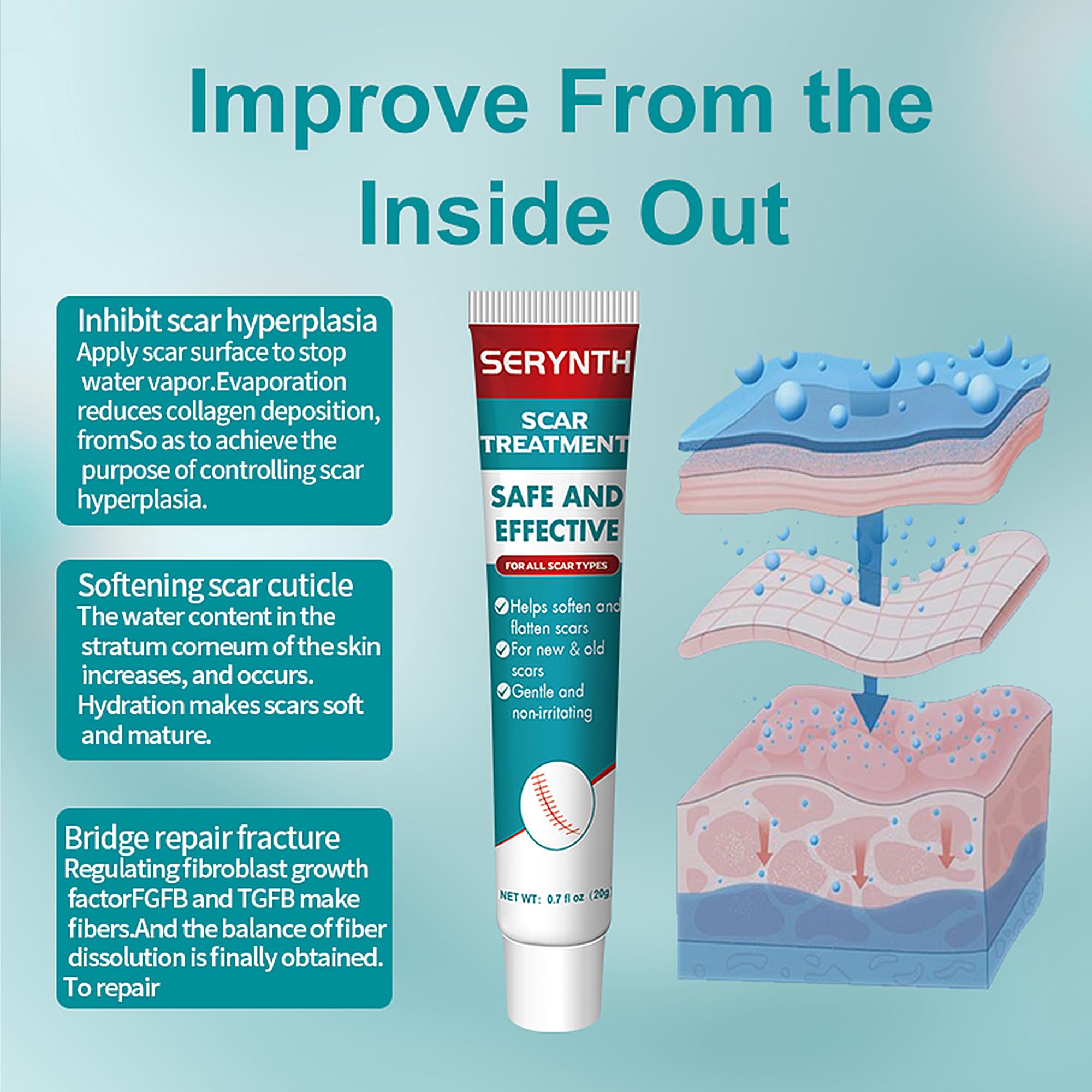 Silicone Scar Gel 20g, Effective Scar Cream - Reduces The Appearance of Both Old and New Scars from Burns, Injury, Acne, Stretch