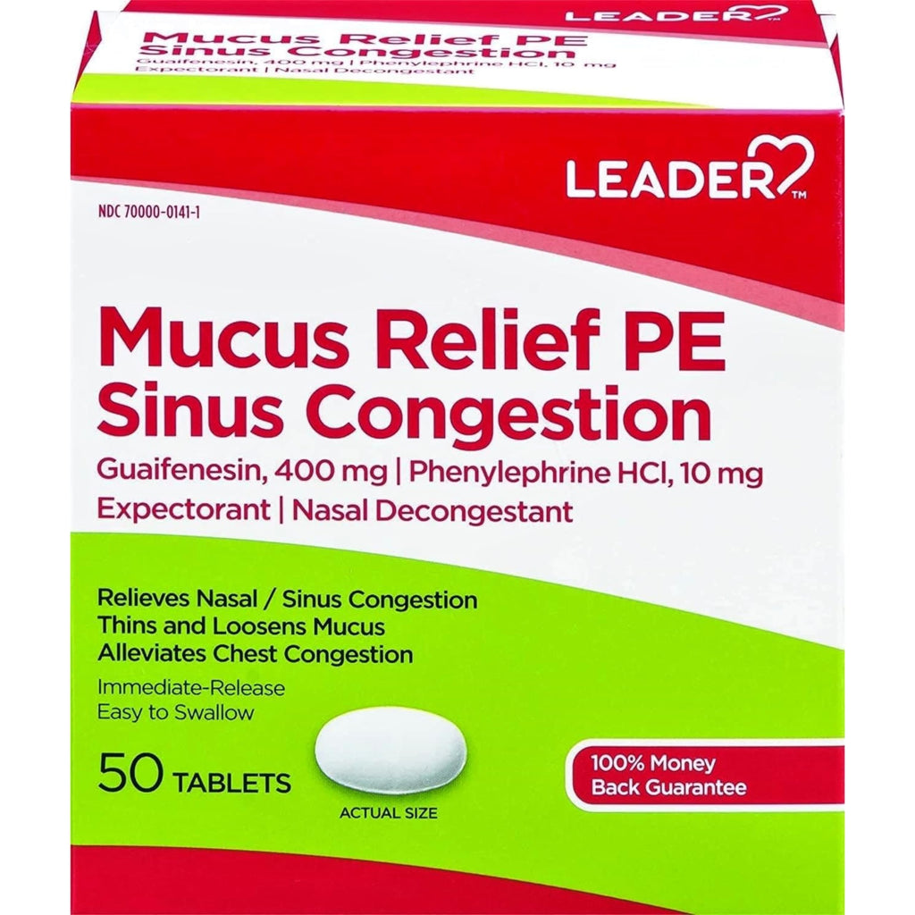Leader Mucus Relief PE Sinus Congestion, Expectorant; Nasal Decongestant, Thins and Loosens Mucus, Immediate-Release, Alleviates