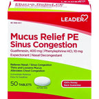 Leader Mucus Relief PE Sinus Congestion, Expectorant; Nasal Decongestant, Thins and Loosens Mucus, Immediate-Release, Alleviates