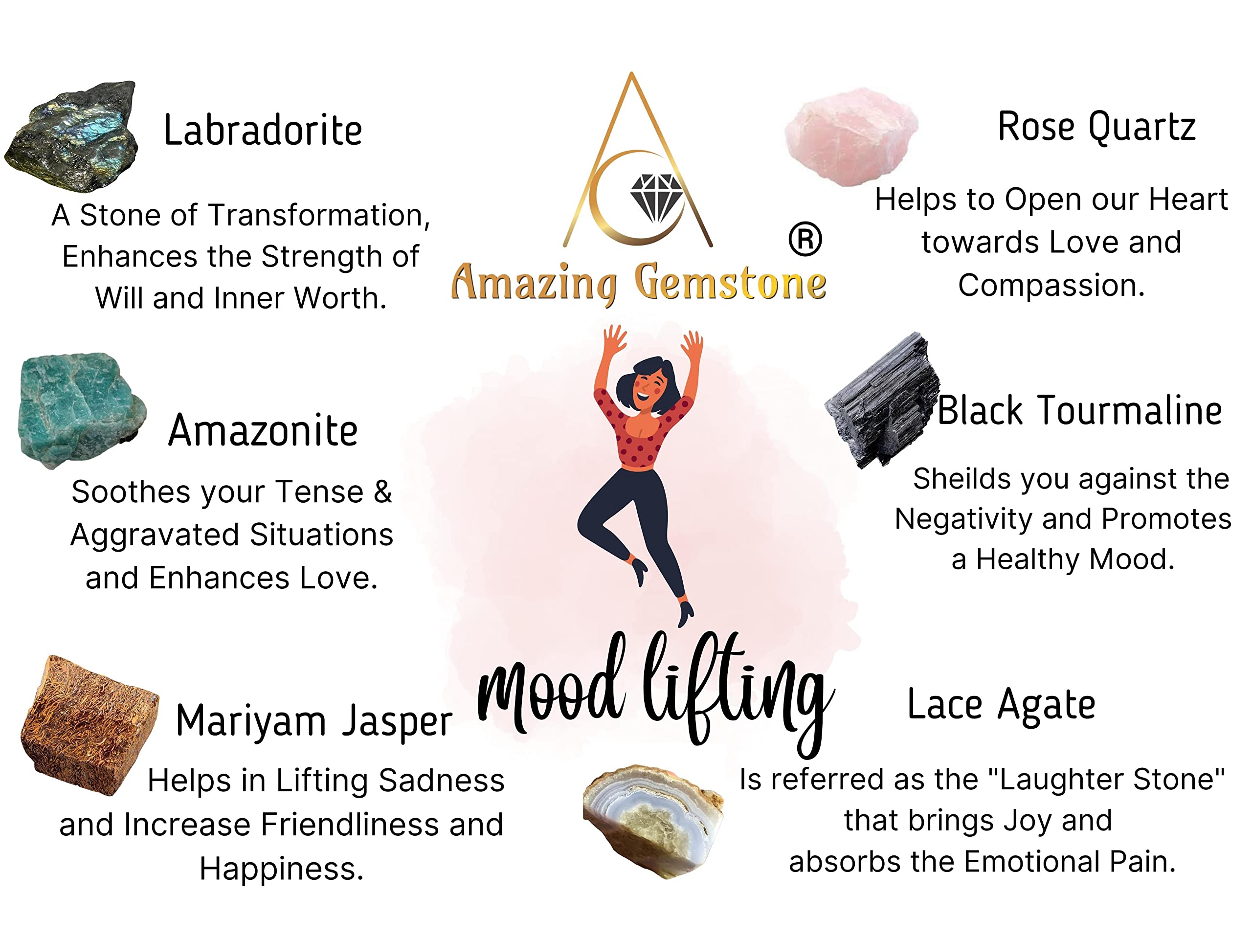 Crystals for Mood Lifting Manifestation, Set of 6 Labradorite, Amazonite, Mariyam Jasper, Rose Quartz, Black Tourmaline and Lace