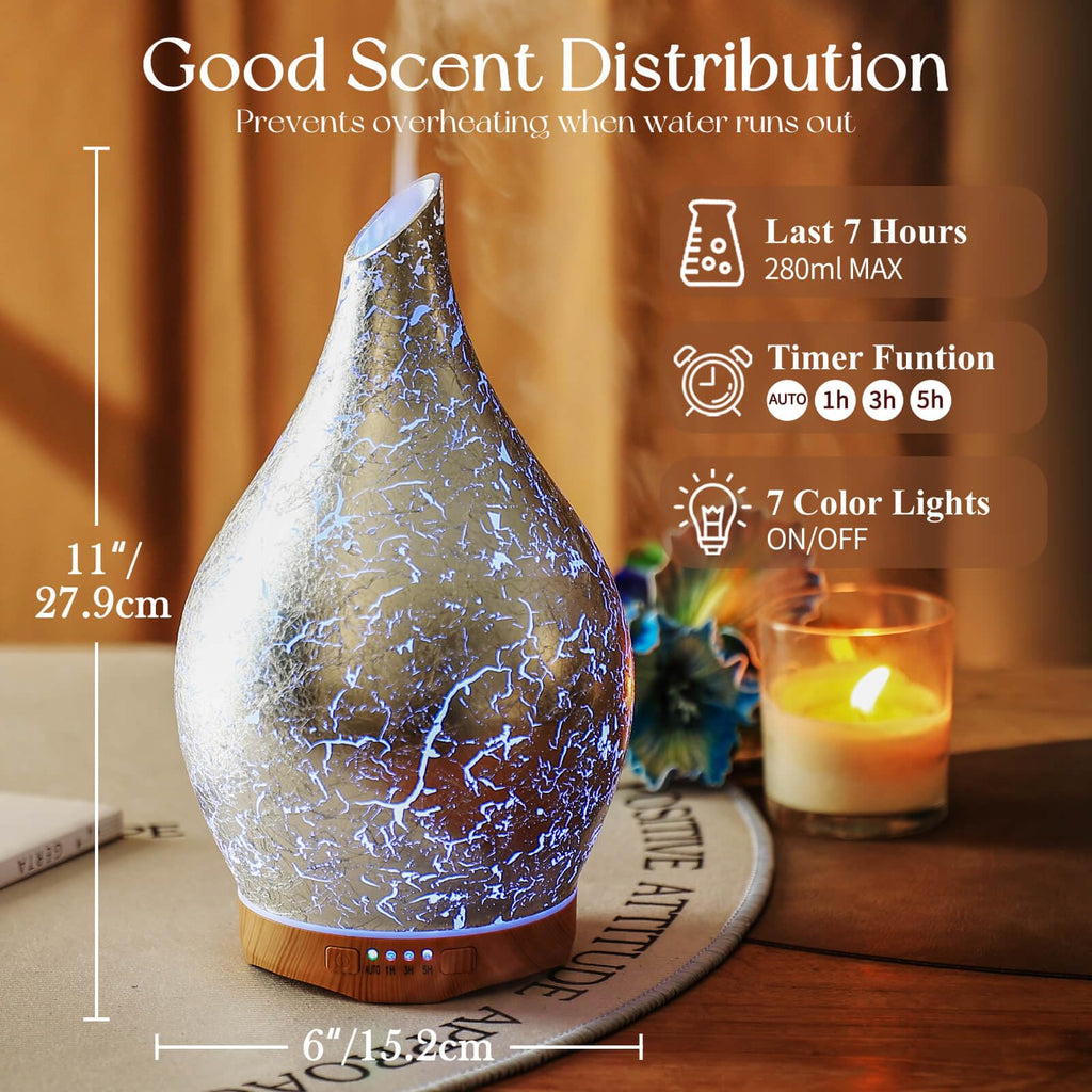 Porseme 280ml Essential Oil Diffuser, 3D Glass Aromatherapy Diffusor, Ultrasonic Cool Mist BPA Free Aroma Humidifier with Timer