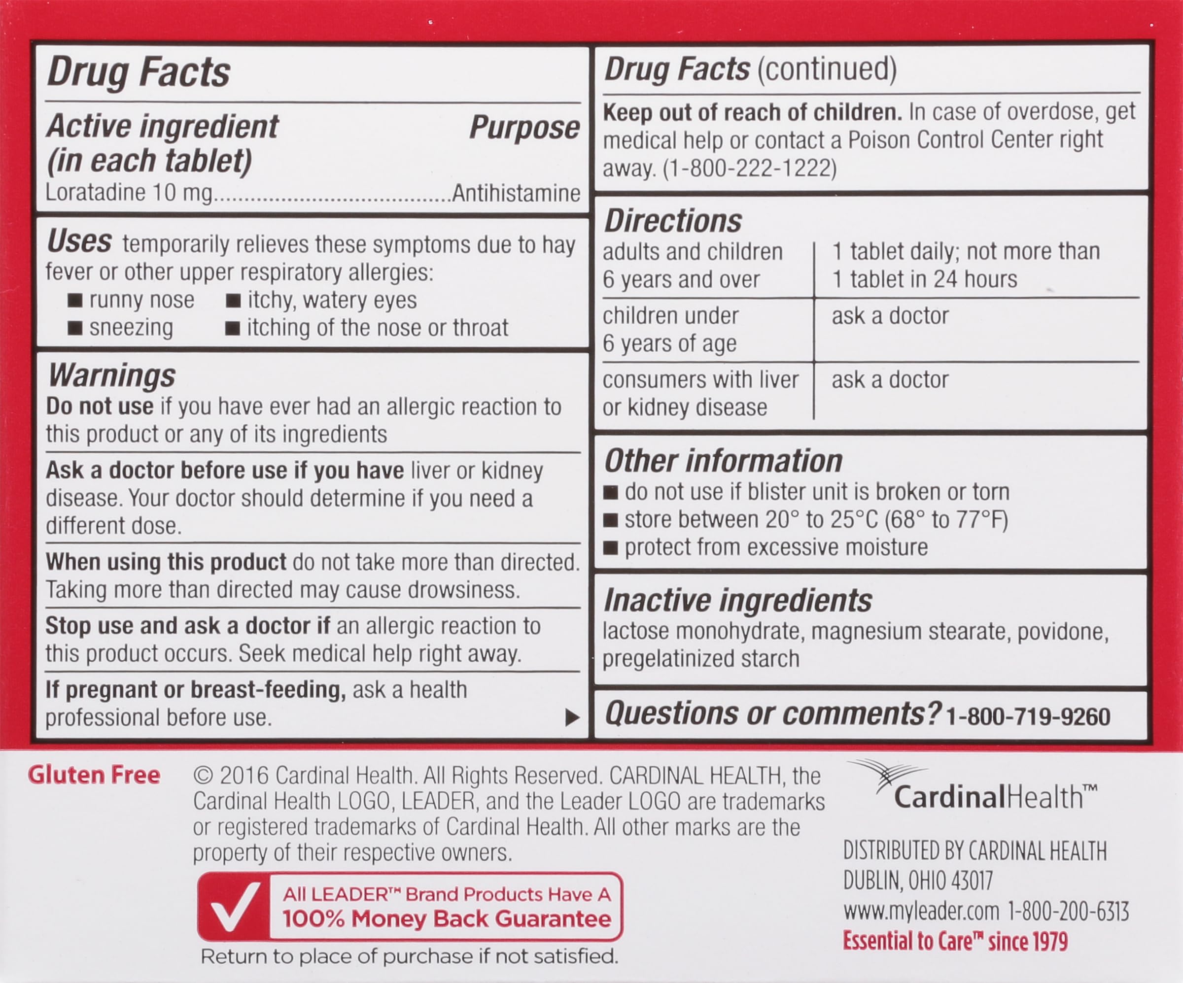 Leader 24 Hour Allergy Relief, Loratadine 10mg Tablets, Non-Drowsy, Antihistamine, Indoor and Outdoor, Counteract Allergy, 10 Ta