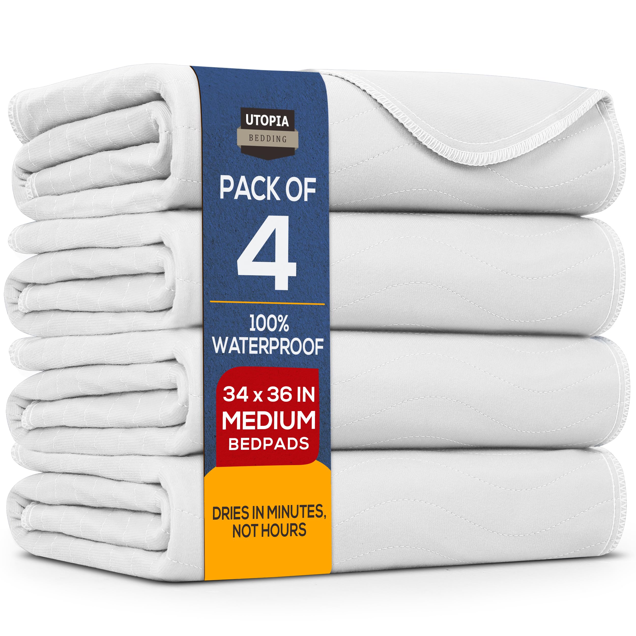Utopia Bedding Waterproof Incontinence Bed Pads 34 x 36 Inches (Pack of 4, White), Washable and Reusable Underpads for Adults, E