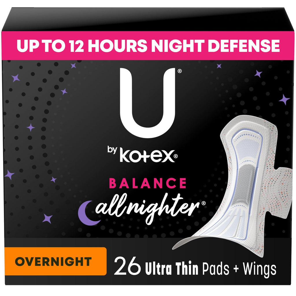 U by Kotex Balance Ultra Thin Pads with Wings, Overnight Absorbency, 26 Count