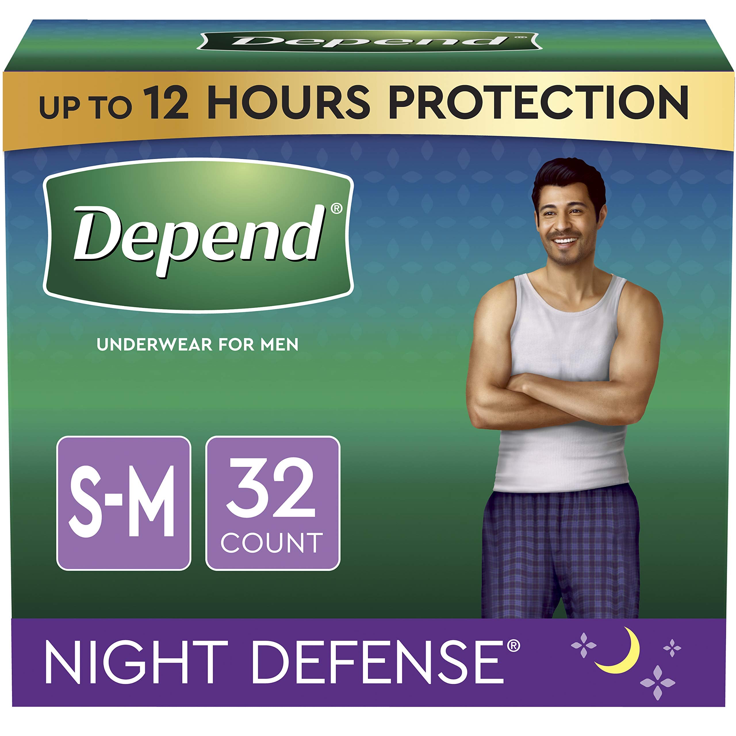 Depend Night Defense Adult Incontinence Underwear for Men, Overnight, Disposable, Small/Medium, 16 Count (Pack of 2) (Packaging 