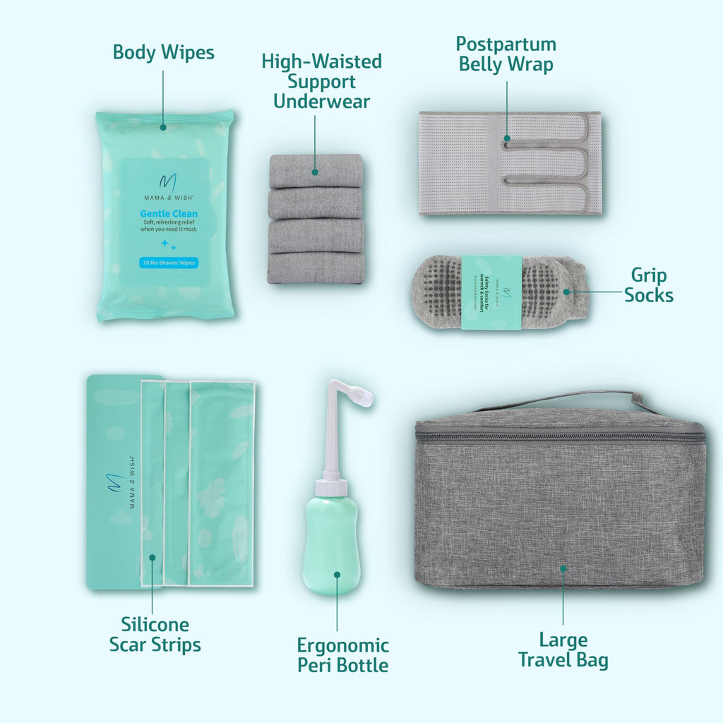 Mama & Wish C-Section Recovery Kit Must Haves - Postpartum Essentials 12-Piece Set with Belly Binder, No-Shower Wipes, Silicone