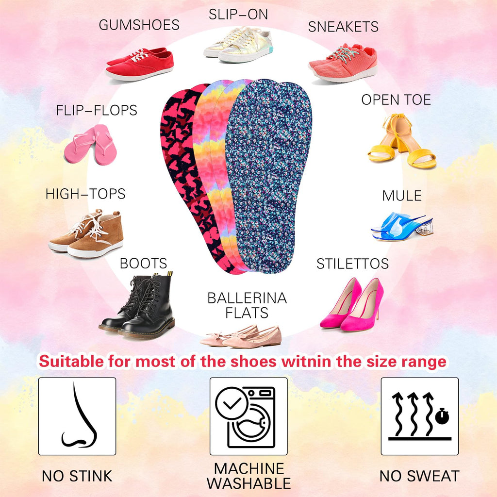 Velmitten 3 Pairs No Show Socks Sockless Shoe Liner Washable Barefoot Shoe Insoles No Slipping Inserts(Novel Style)