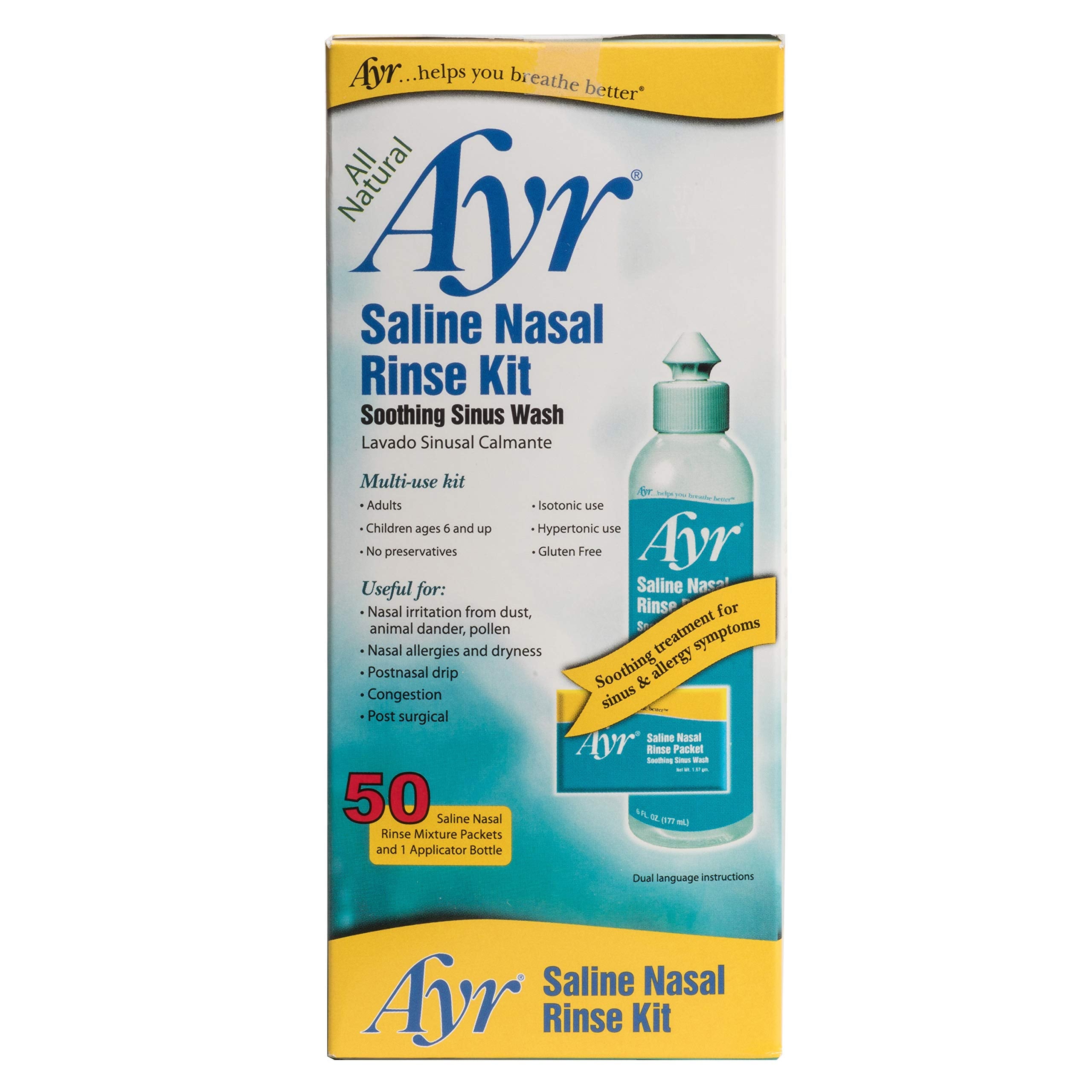 Ayr Saline Nasal Rinse Kit Soothing Sinus Wash, 50 Count Saline Nasal Rinse Mixture Packets Plus Applicator Bottle